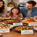 Family of four enjoying budget-friendly dinner ideas, including chicken and rice, beef chili, tacos, pasta, stir-fry, soup, and casserole, with a 7-day family meal plan to save money on meat.