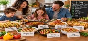 Family of four enjoying budget-friendly dinner ideas, including chicken and rice, beef chili, tacos, pasta, stir-fry, soup, and casserole, with a 7-day family meal plan to save money on meat.