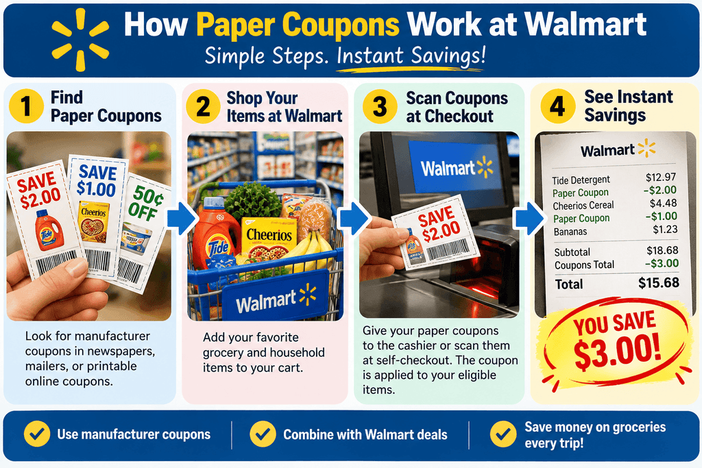 Walmart couponing for beginners flowchart showing how to find paper coupons, scan them at checkout, and save money on groceries.