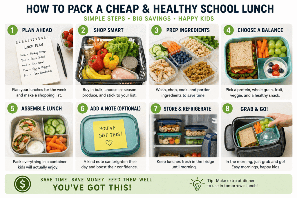 Step-by-step photo grid showing how to prepare cheap healthy school lunches with meal prep containers, sandwich making, fruit cutting, snack packing, and organized lunch boxes