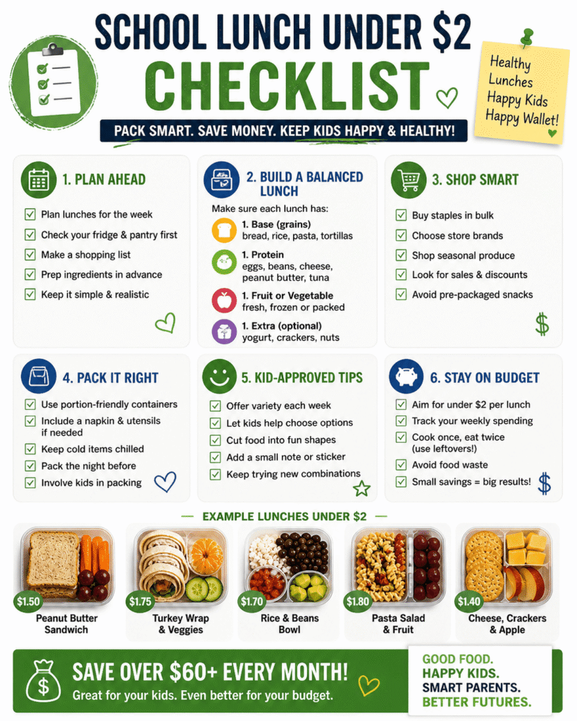 This checklist shows how to plan, shop, and pack school lunches under $2 per day. It includes simple steps, budget tips, and balanced meal ideas to help families save money while preparing healthy lunchbox meals kids will enjoy.