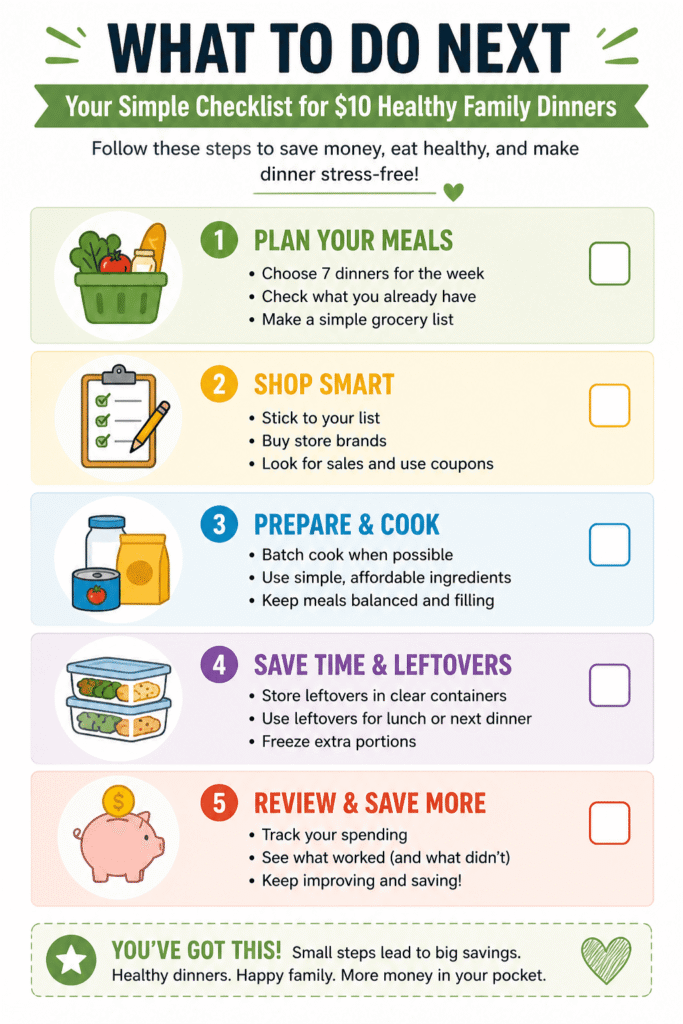 $10 healthy family dinners checklist showing simple steps to save money, plan meals, and cook cheap healthy dinners each week