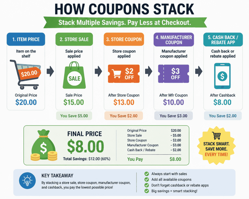 This flowchart shows how grocery hacks from extreme couponers work step by step by stacking store sales, store coupons, manufacturer coupons, and cashback apps to maximize savings. It clearly explains how combining multiple discounts can reduce grocery costs and help families save more on every shopping trip.