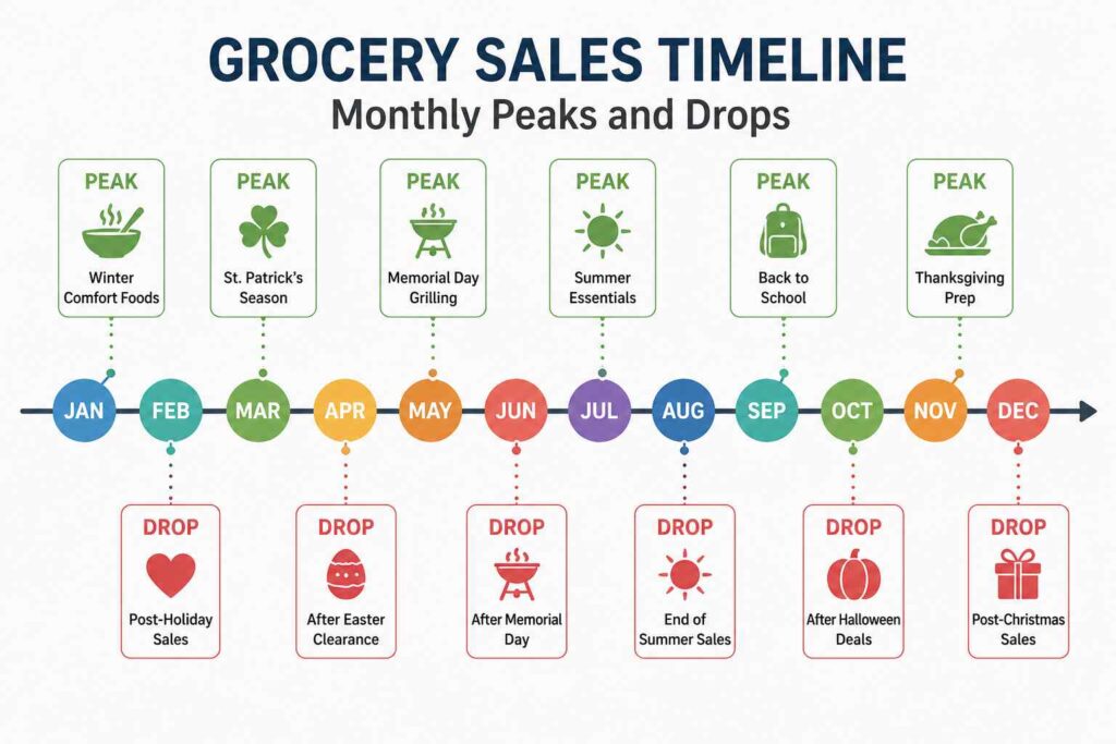 This simple grocery sales cycles timeline shows when food prices rise and drop throughout the year. It helps families understand the best months to buy common groceries, plan shopping trips, and save money by following predictable sale patterns.