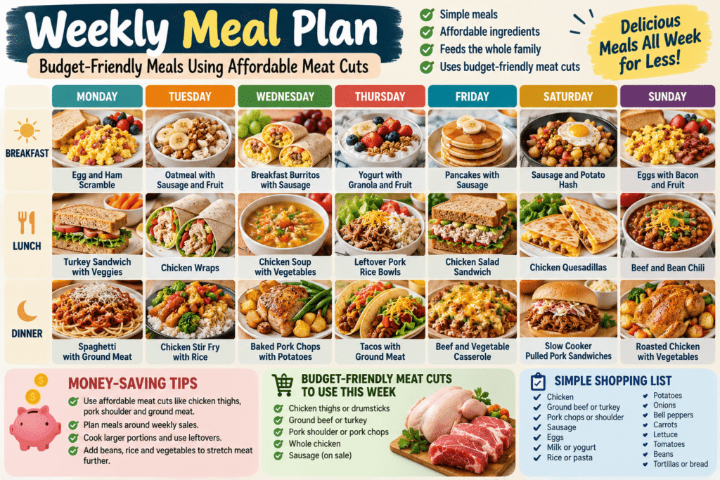 Budget-friendly weekly meal plan for families showing 7 days of affordable breakfast, lunch, and dinner ideas using cheap meat cuts, leftovers, and simple ingredients to save money on meat.