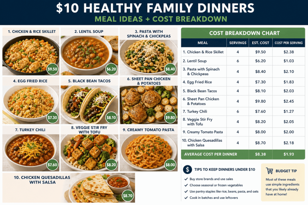 This visual guide shows $10 healthy family dinners with real meal photos and a detailed cost breakdown chart. It helps families see exactly how to cook cheap, healthy dinners while staying on budget. Each meal includes estimated costs and serving sizes, making it easier to plan affordable meals that actually feed a family.
