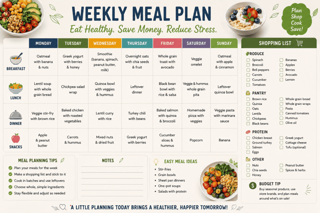 Weekly meal planning template for families showing breakfast, lunch, dinner, grocery list, and budget-friendly organic meal prep ideas.