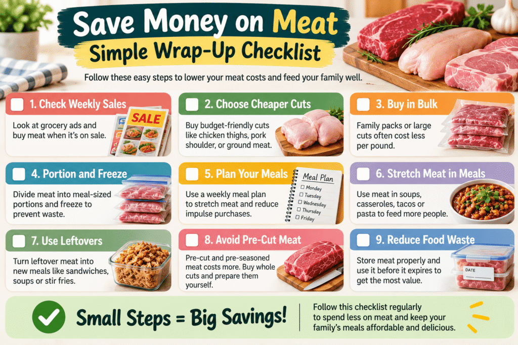 Save money on meat checklist infographic showing 9 practical grocery saving tips for families, including buying cheap meat cuts, shopping weekly sales, freezing bulk meat, meal planning, and reducing food waste.