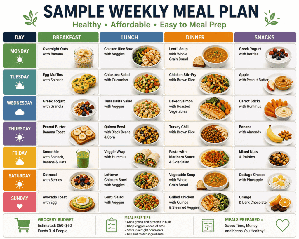 A simple weekly meal plan chart showing affordable and healthy meal prep ideas for breakfast, lunch, dinner, and snacks. Designed for families on a budget, this plan helps reduce grocery costs, save time during busy weekdays, and keep meals balanced and easy to prepare.