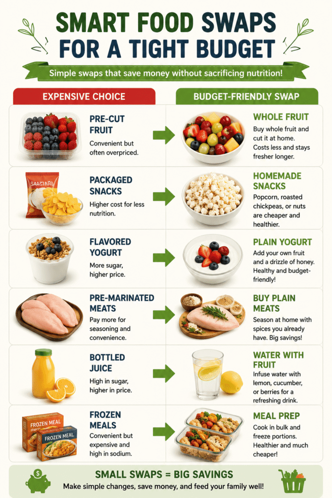 Infographic showing simple budget food swaps like homemade oatmeal instead of organic snack bars and whole fruit instead of expensive pre-cut organic fruit.