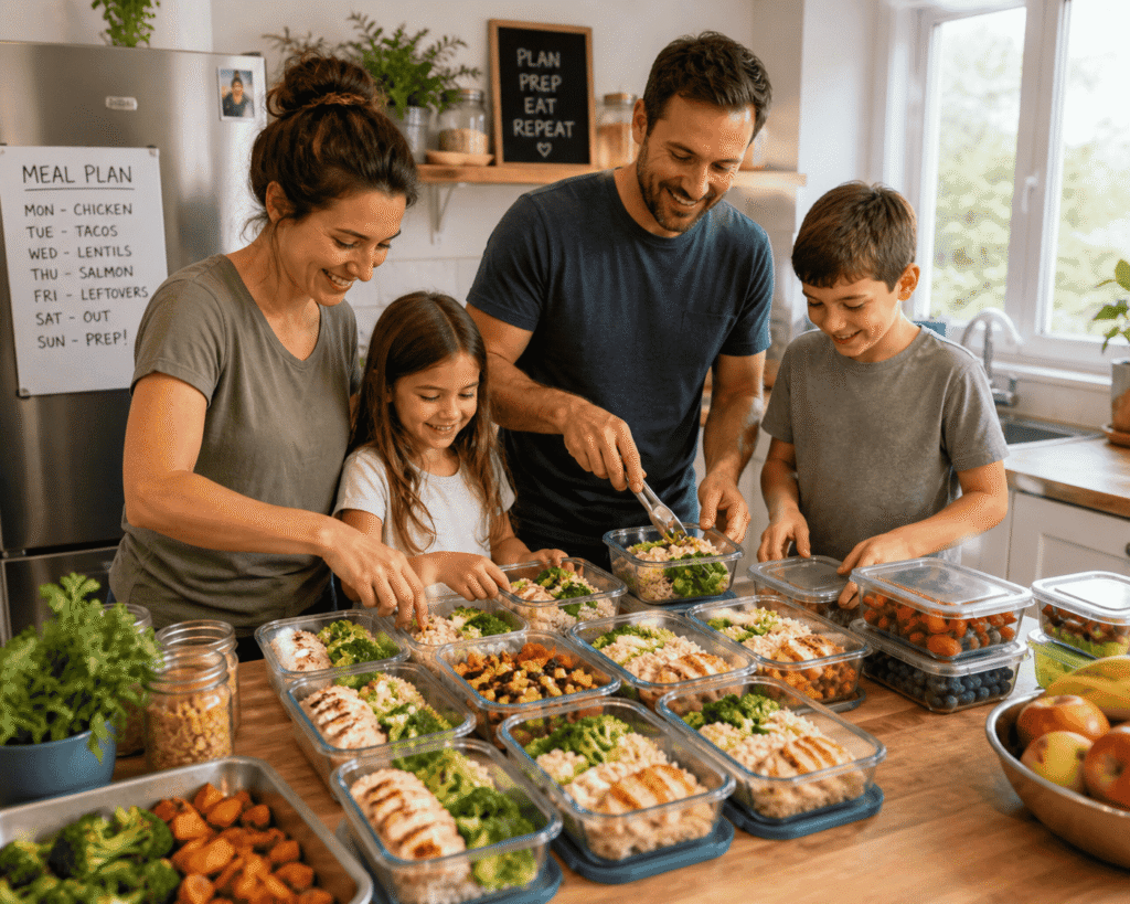 A family preparing affordable, healthy meals together in a home kitchen using simple ingredients like vegetables, rice, and chicken. This meal prep setup shows how families can cook in batches, save money on groceries, and enjoy nutritious meals throughout the week without relying on expensive takeout.