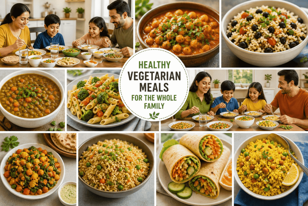 This collage shows real vegetarian meals on a budget that families can enjoy together. From chickpea curry and lentil soup to rice bowls and veggie wraps, these cheap vegetarian meals are simple, filling, and easy to make at home. Perfect for families looking to save money while still eating healthy and satisfying meals every day.