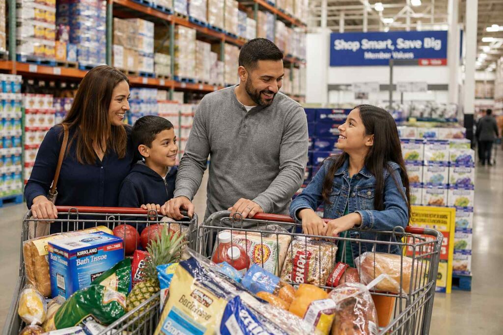 A family shopping in a warehouse club with a cart full of bulk groceries, snacks, and household essentials. This image highlights how families can save money by buying in bulk at stores like Costco and Sam’s Club, making it easier to manage a family grocery budget.