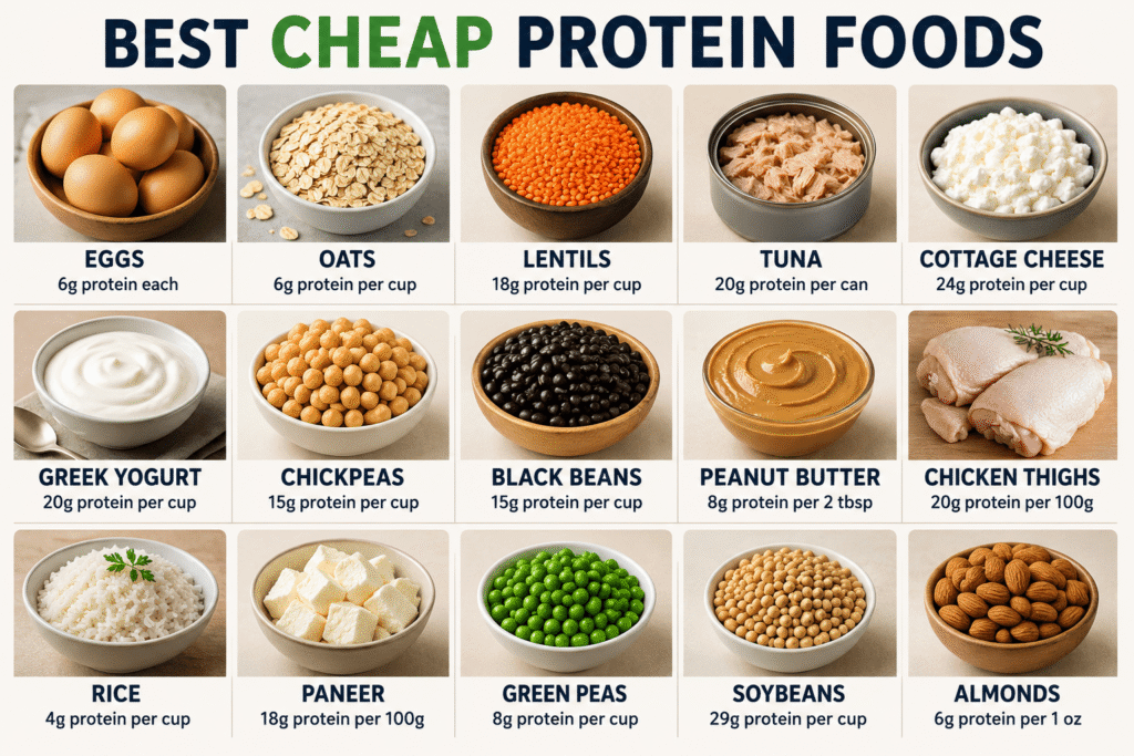 Best cheap protein foods infographic showing eggs, lentils, tuna, Greek yogurt, beans, peanut butter, chicken thighs, and other affordable high-protein foods with protein amounts for budget-friendly meal planning.