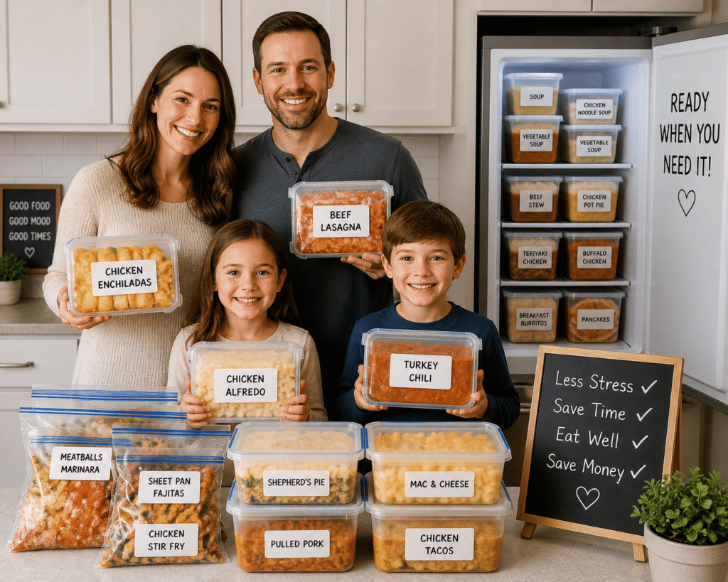 family with labeled freezer meals ready, organized freezer meal prep for beginners, batch cooking meals in containers and freezer bags