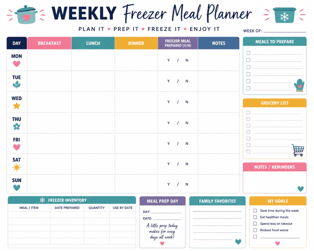 weekly freezer meal planner template, printable family meal prep schedule, budget meal planning chart with days and meals