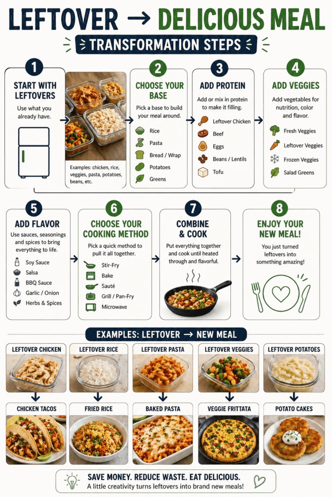 This flow chart shows a simple step-by-step process for turning leftovers into fresh meals. It walks through choosing a base, adding protein and vegetables, mixing flavors, and cooking everything together. A quick visual guide to help families create easy leftover makeover recipes, save money, and reduce food waste.