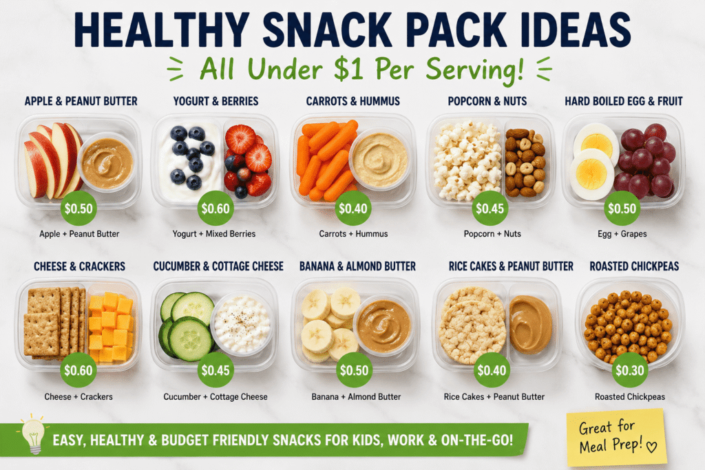 Photo collage of healthy snack pack ideas under $1 including apples, popcorn, yogurt, carrots, peanut butter, boiled eggs, and trail mix packed in small containers for kids and families.