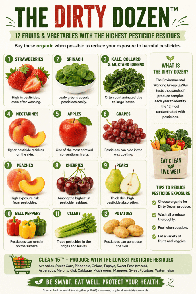 Dirty Dozen infographic showing fruits and vegetables with the highest pesticide residues, including strawberries, spinach, apples, grapes, peaches, and bell peppers.