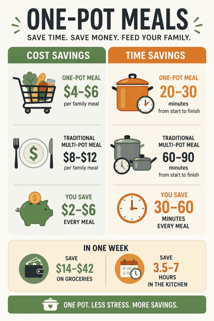 This infographic shows how one-pot budget meals help families save money and time every week. It compares the cost of cheap one-pot meals to traditional cooking and highlights how easy one-pot dinners reduce cleanup, cooking time, and grocery bills. Perfect for families looking for simple, affordable meal ideas that actually work.