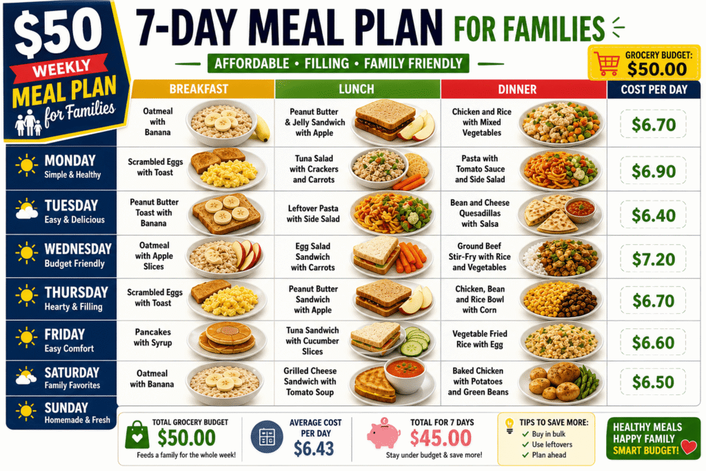 This $50 weekly meal plan for families shows a complete 7-day budget menu with breakfast, lunch, and dinner ideas plus daily cost breakdowns. It’s designed to help families save money on groceries while still eating simple, filling meals all week.