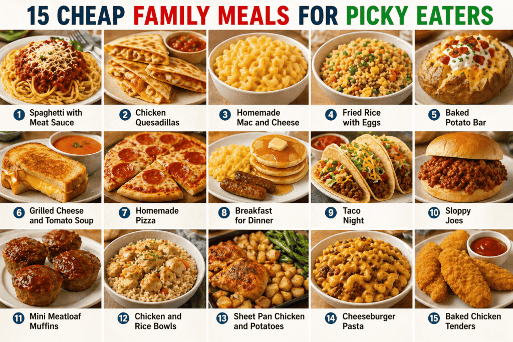 This photo collage shows 15 cheap family meals for picky eaters that kids actually eat. It includes simple, budget-friendly dinner ideas like spaghetti, mac and cheese, chicken quesadillas, pizza, and chicken tenders. These easy meals help parents save money while serving foods picky kids enjoy, making dinner stress-free and practical for busy families.