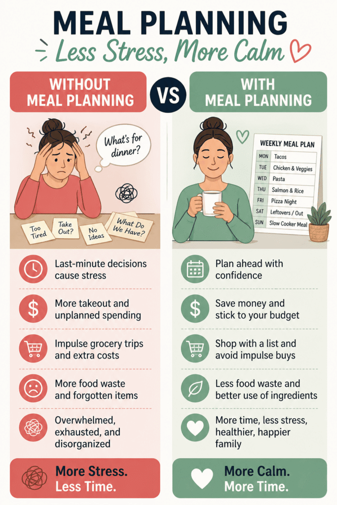 Meal planner printable makes weekly meals simple and stress-free. This infographic shows the difference between no meal planning and using a weekly meal planner printable. Save time, reduce stress, and plan meals easily for your family.