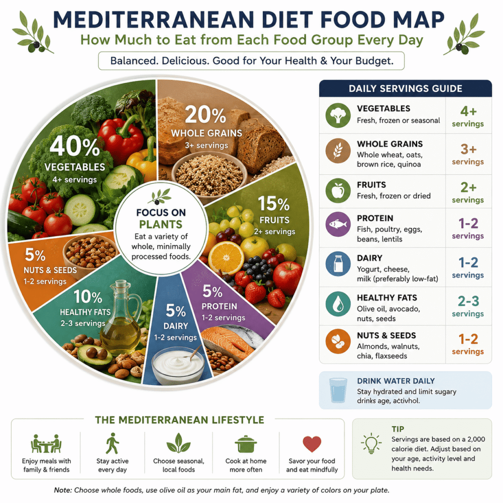 Mediterranean diet food chart showing recommended servings for vegetables, fruits, whole grains, beans, healthy fats, fish, dairy, and limited meat in a simple pie chart design.