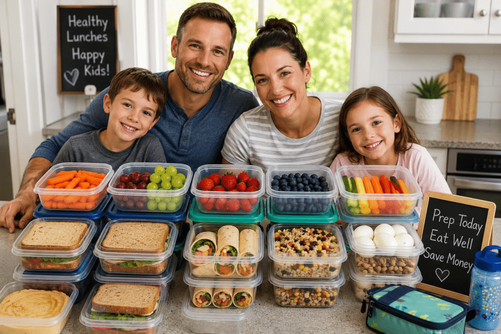 Family preparing cheap healthy school lunches with reusable containers filled with sandwiches, fruit, vegetables, yogurt, and snacks on a kitchen table during meal prep