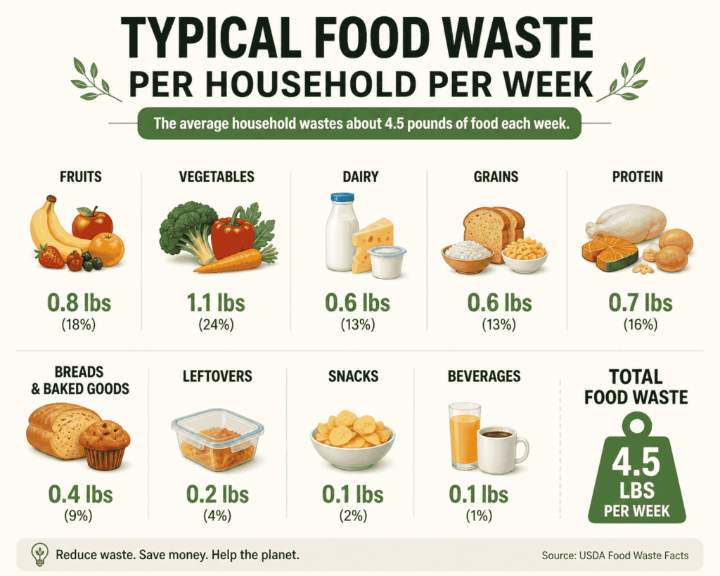 This infographic breaks down typical food waste per household per week, showing which foods are wasted the most and how quickly it adds up. See where your groceries are going to waste and learn how meal planning can help you save money and reduce waste fast.