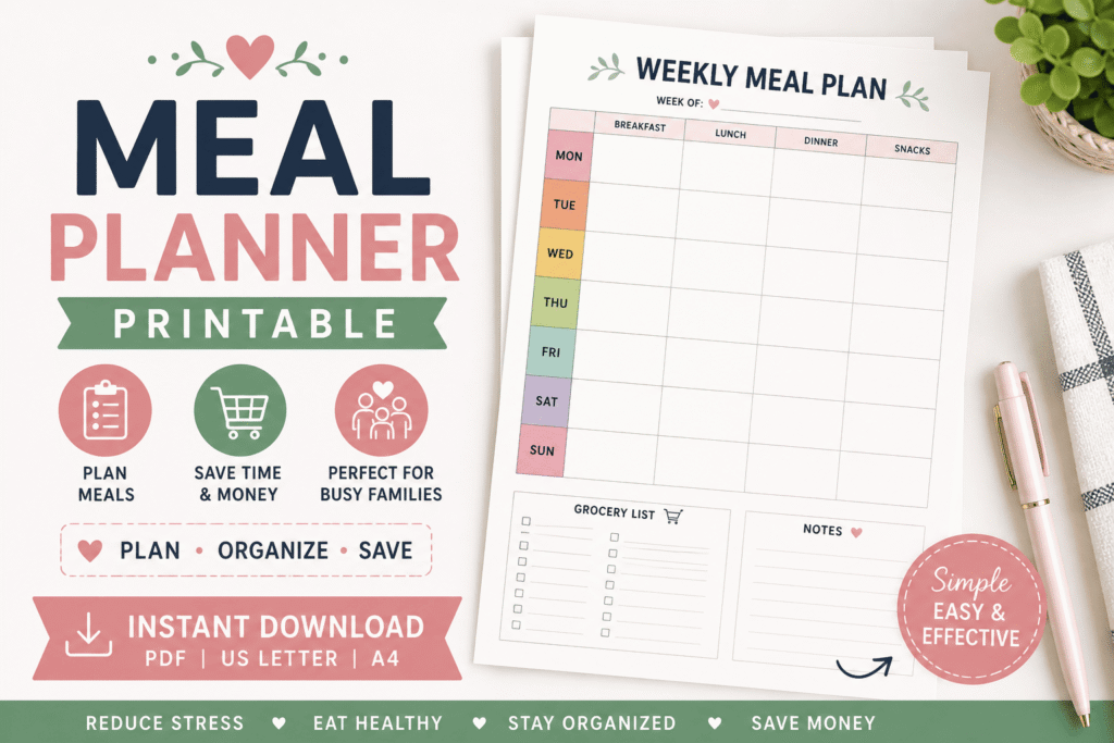 Meal planner printable template with weekly meal plan and grocery list for easy family meal planning.