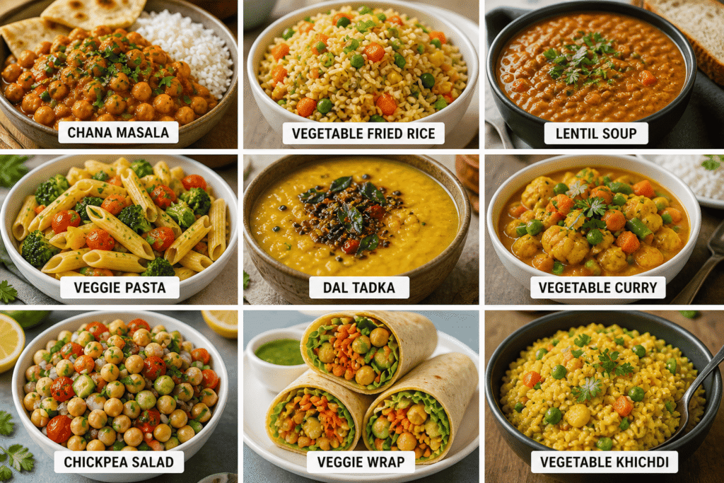 This image shows a variety of vegetarian meals on a budget that are simple, filling, and perfect for families. From lentil soup and chickpea curry to veggie pasta, fried rice, and wraps, these cheap vegetarian meals prove you can cook delicious dishes without spending more on groceries. Ideal for anyone looking for easy and affordable vegetarian dinner ideas.