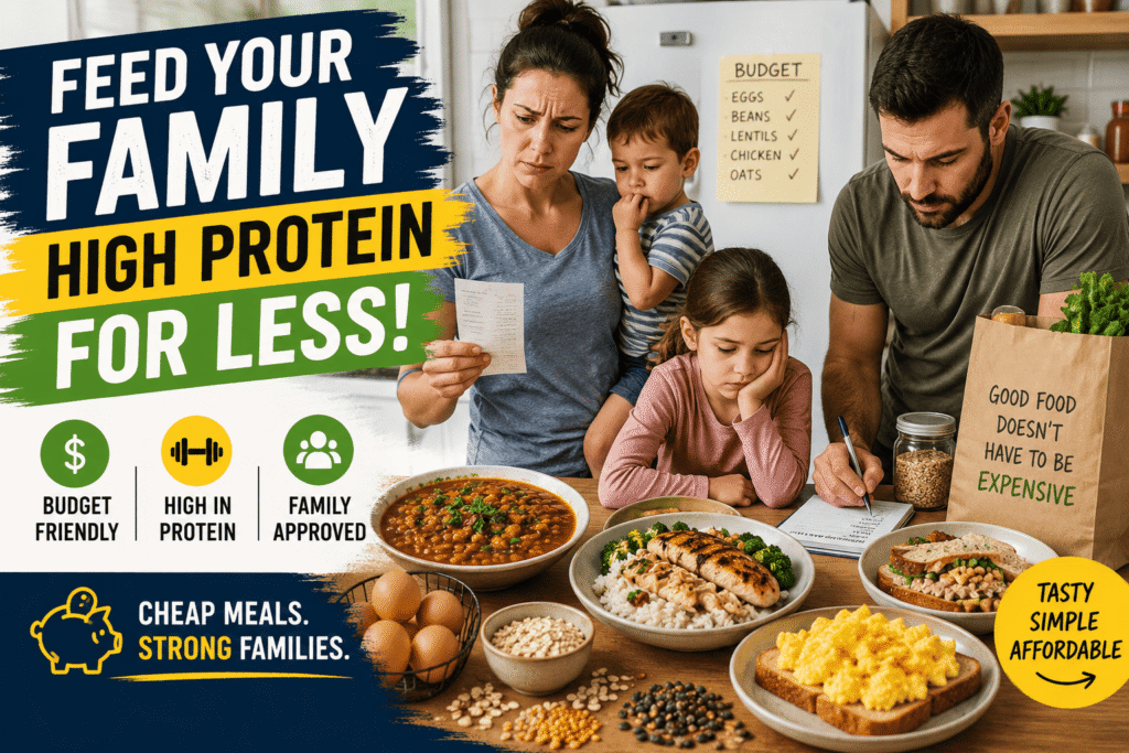 Featured image showing a busy family gathered around a table with affordable high-protein meals like eggs, chicken, beans, lentils, rice bowls, and healthy budget-friendly foods in a warm kitchen setting.