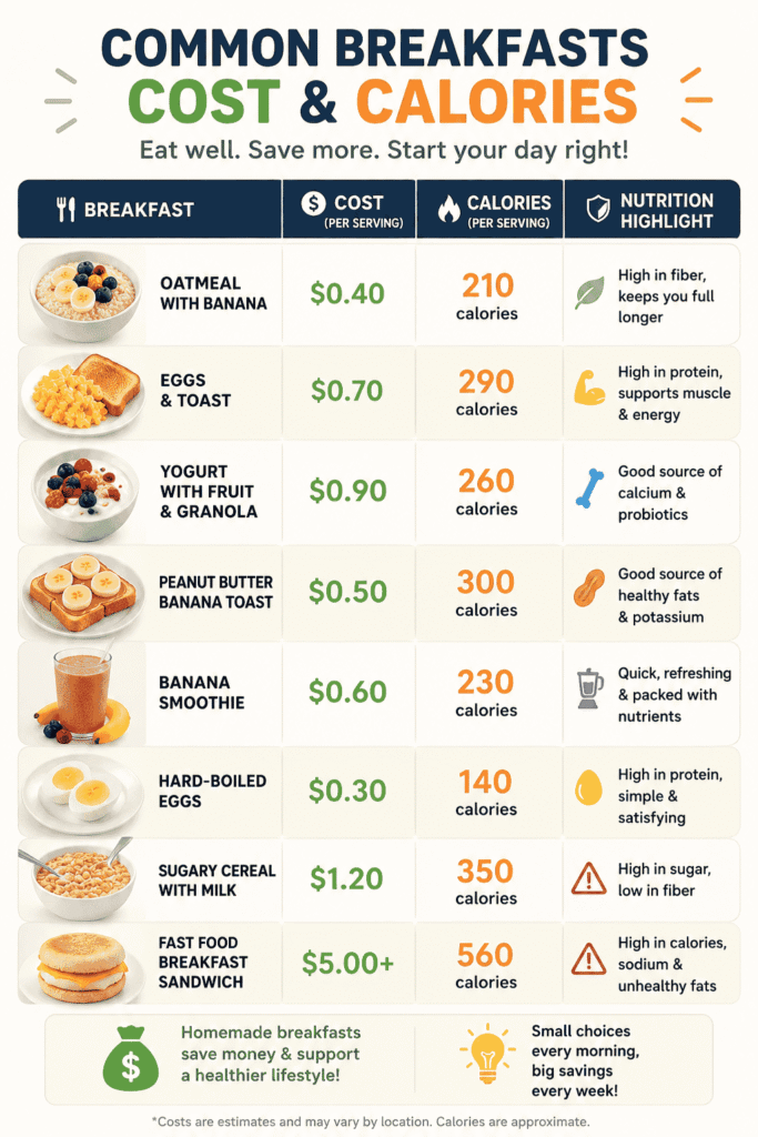Infographic comparing the cost and calories of common breakfasts including oatmeal, eggs, yogurt, smoothies, cereal, and fast food breakfast meals