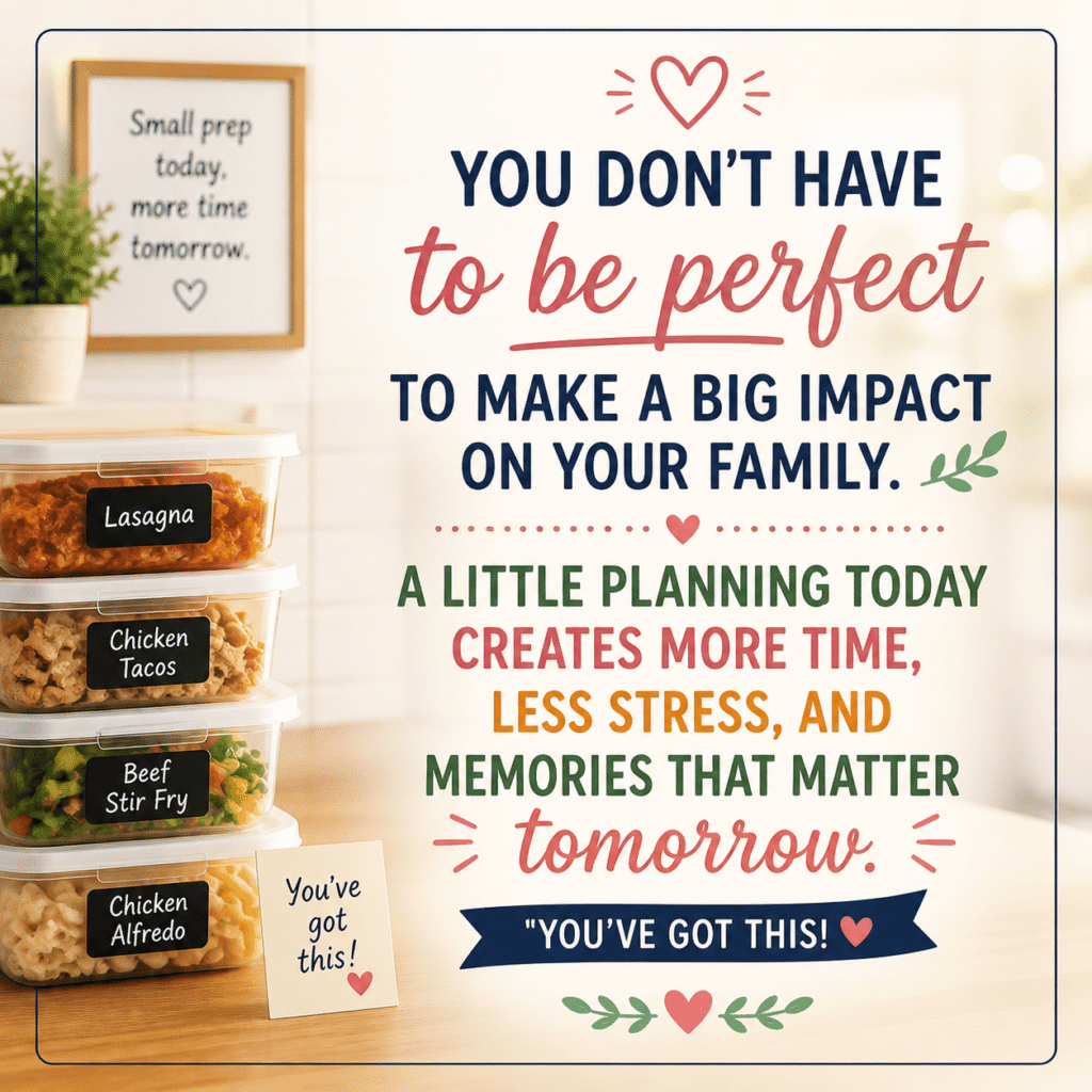 freezer cooking motivation quote card, meal prep inspiration for families, simple freezer meal planning encouragement graphic