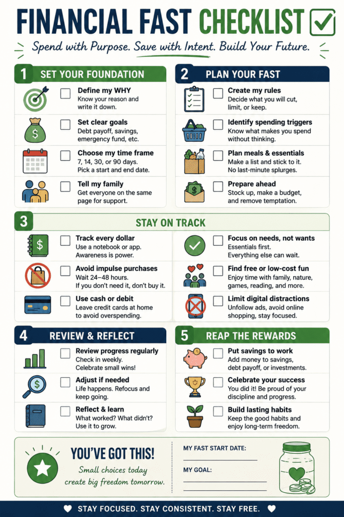 Printable financial fast checklist featuring goal setting, spending rules, expense tracking, meal planning, impulse spending prevention, progress reviews, and savings milestones.