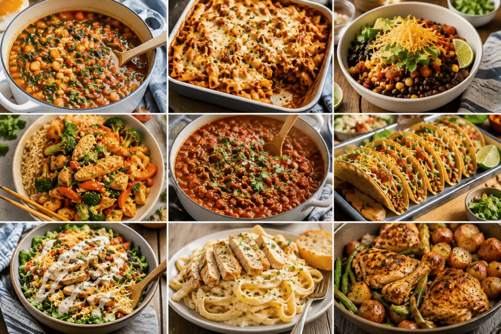 Large family enjoying healthy budget-friendly meals including casseroles, rice bowls, chili, tacos, pasta, salads, and roasted chicken for affordable family dinners.