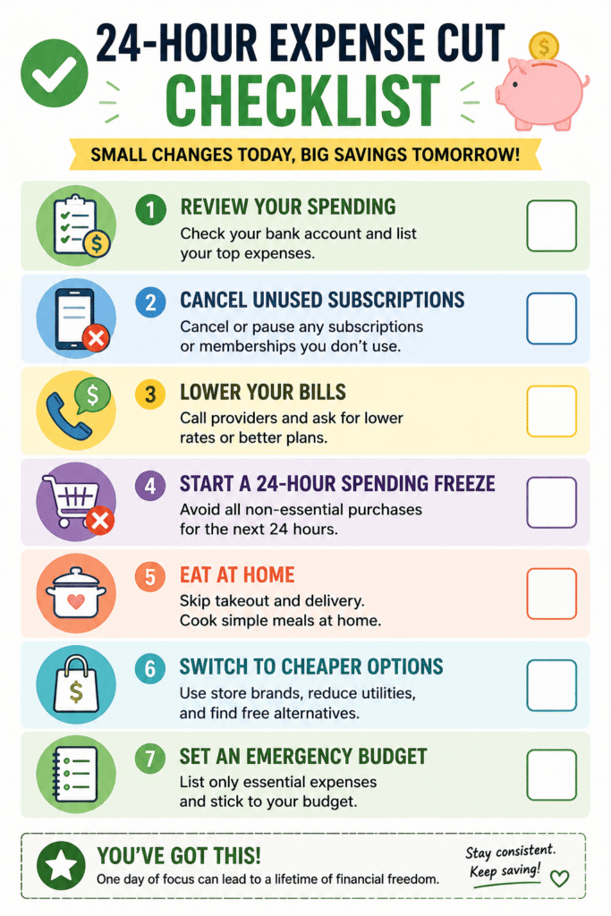 Printable 24-hour expense cut checklist with seven money-saving steps, including reviewing spending, canceling subscriptions, lowering bills, avoiding unnecessary purchases, cooking at home, choosing cheaper alternatives, and creating an emergency budget.