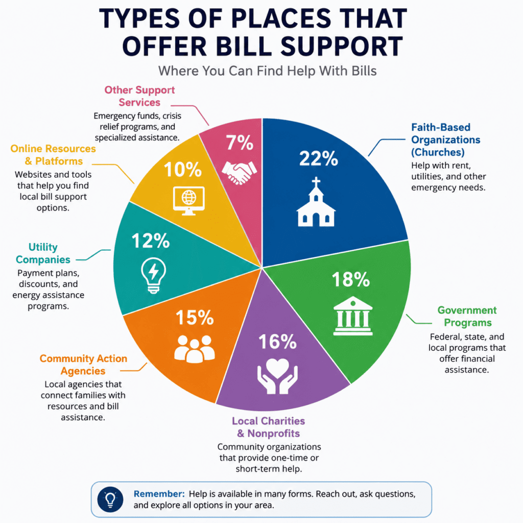 Colorful pie chart showing the main types of places that help with bills, including churches, government programs, local charities, community action agencies, utility companies, online resources, and emergency assistance programs.