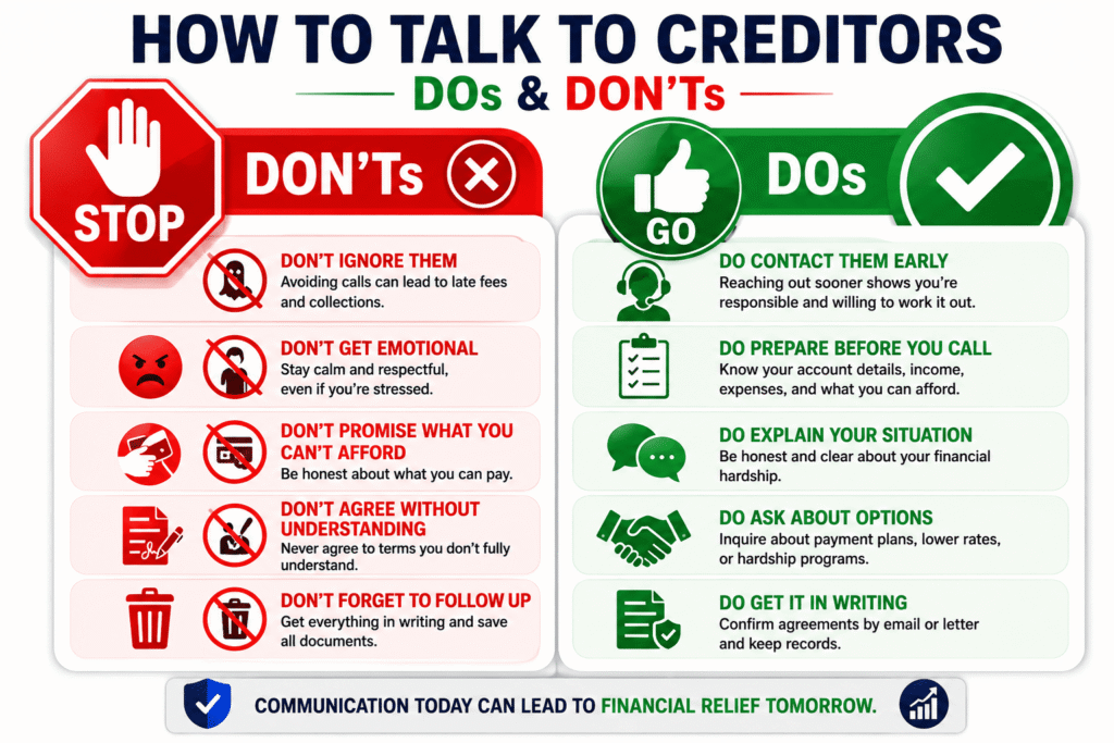 Stop vs Go infographic showing the dos and don’ts of talking to creditors. The green “Do” section highlights actions like contacting creditors early, preparing before calling, explaining financial hardship, asking about payment options, and getting agreements in writing. The red “Don’t” section warns against ignoring debt, making promises you can’t keep, arguing, delaying communication, and failing to follow up.