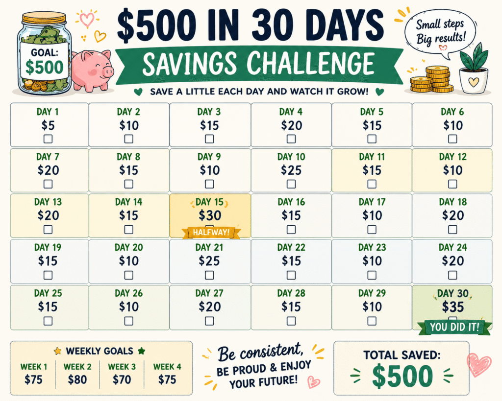 Printable $500 in 30 Days Savings Challenge calendar with daily savings boxes, weekly goals, progress tracker, and checkboxes to help build a $500 emergency fund in one month.