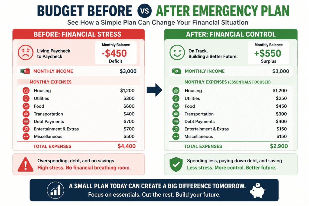 Before and after budget comparison graphic showing overspending, unnecessary expenses, and financial stress before an emergency budget plan versus reduced expenses, savings growth, and financial stability after implementing a rescue plan.
