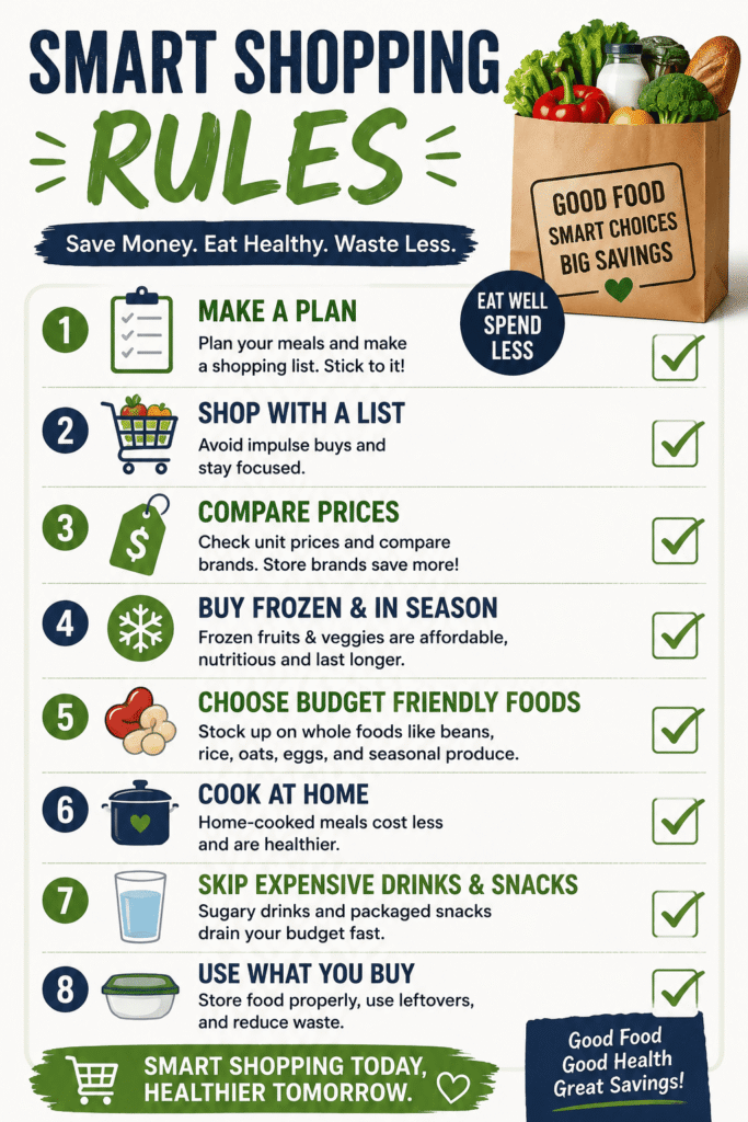 Checklist infographic showing smart grocery shopping rules like meal planning, buying store brands, using coupons, shopping seasonal produce, and sticking to a grocery budget.
