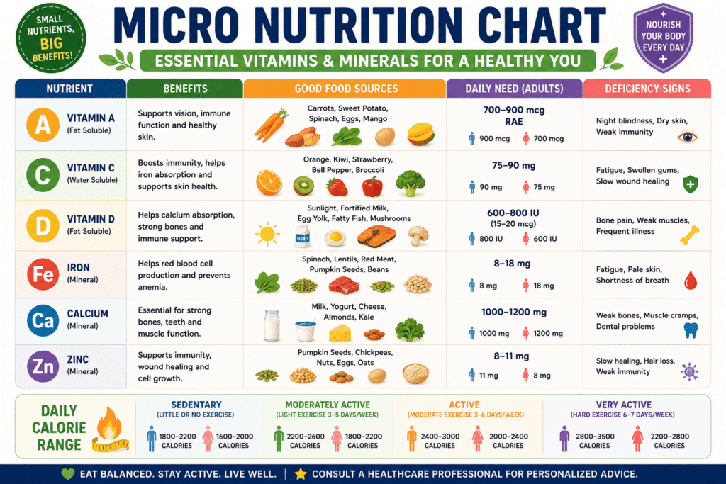 micro nutrition chart infographic showing calorie ranges protein fiber carbs and healthy meal balance for a 7-day healthy budget meal plan