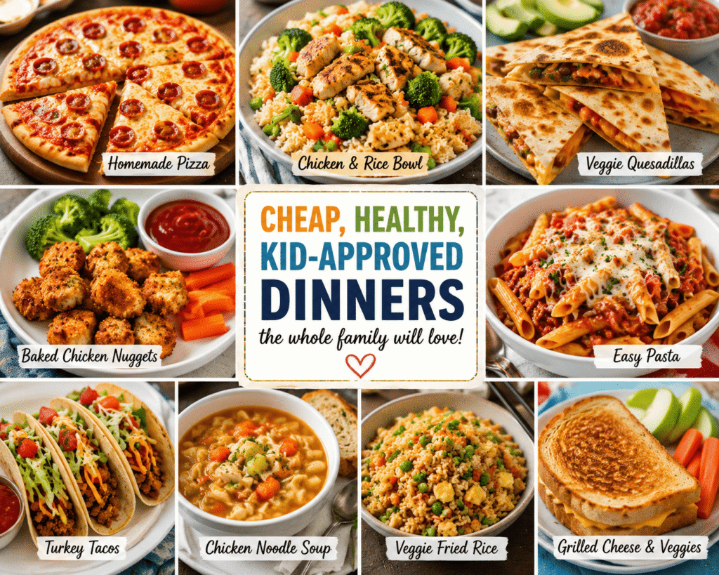 Colorful photo collage of cheap healthy kid-approved dinner recipes including tacos, baked chicken nuggets, pasta, homemade pizza, fried rice, soup, and veggie quesadillas for easy family meals.