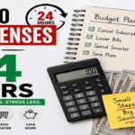 Photo showing simple ways to cut expenses in 24 hours, including a budget planner, calculator, savings jar, piggy bank, cash, and money-saving icons for families.