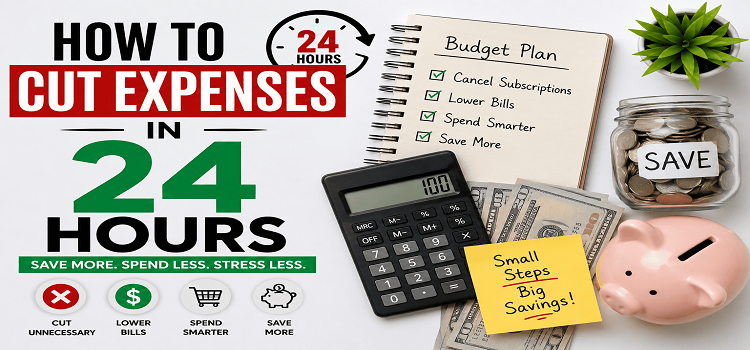 Photo showing simple ways to cut expenses in 24 hours, including a budget planner, calculator, savings jar, piggy bank, cash, and money-saving icons for families.