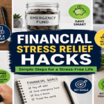Photo collage showing financial stress relief hacks including budgeting, emergency savings, debt reduction, financial goals, online banking tools, and simple money management strategies for reducing money anxiety.