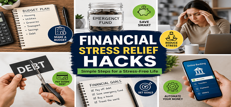 Photo collage showing financial stress relief hacks including budgeting, emergency savings, debt reduction, financial goals, online banking tools, and simple money management strategies for reducing money anxiety.