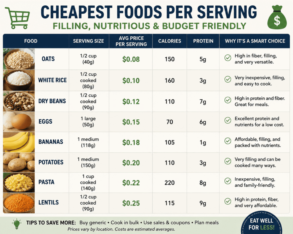 Table infographic comparing the cheapest foods per serving, including rice, beans, lentils, oats, potatoes, eggs, pasta, and peanut butter, with estimated cost per serving and value for budget-conscious families.